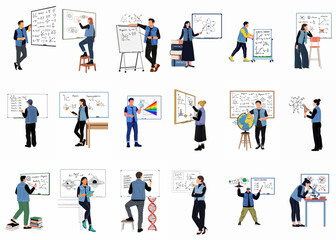 Fototapeta premium Set of flat vector illustrations of diverse students and researchers presenting various scientific concepts like physics, astronomy, and biology on whiteboards.