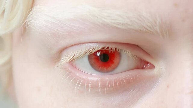 Woman with albinism opening eye. Macro shot of albino female eyelid and red iris. Detailed facial features, unique beauty, genetic condition, fashion portrait.
