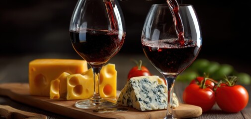 Fototapeta premium The Wine Glasses with Cheese Platter, Fresh Tomatoes, and Rustic Wooden Board