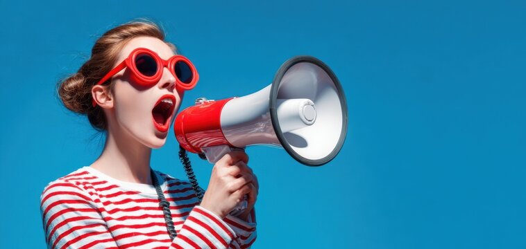 The Woman with Megaphone Shouting in Red Sunglasses Against Blue Background