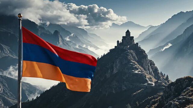 Armenian flag waving against caucasus mountains and ancient gergeti trinity church landmark national flag