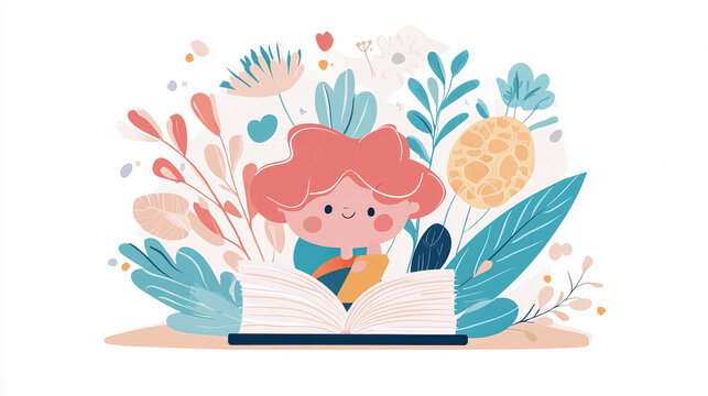 Whimsical illustration of cheerful, rosy-cheeked child with fluffy red hair deeply engrossed in reading open book amidst vibrant garden bursting with stylized pastel flowers, lush foliage, and abstrac