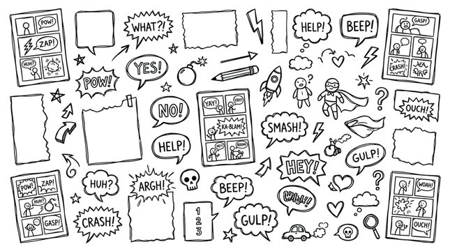 Hand drawn comic book elements speech bubbles sound effects action words and panels for creative design and storytelling