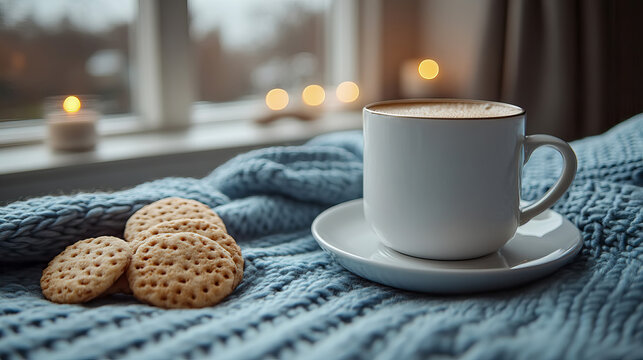Cozy scene with warm cup of coffee and biscuits next to window with soft, blurred lights, creating comforting atmosphere for relaxation and quiet contemplation, featuring blanket, steaming bev