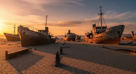 Fototapeta premium Abandoned rusty ships rest on the cracked earth of a dried lake bed at sunset.