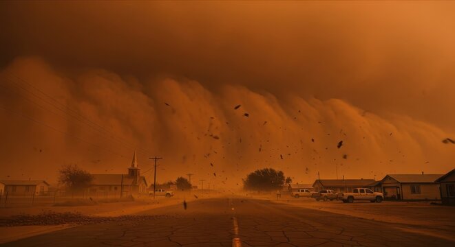 Massive dust storm approaches a quiet town under a dark orange sky.