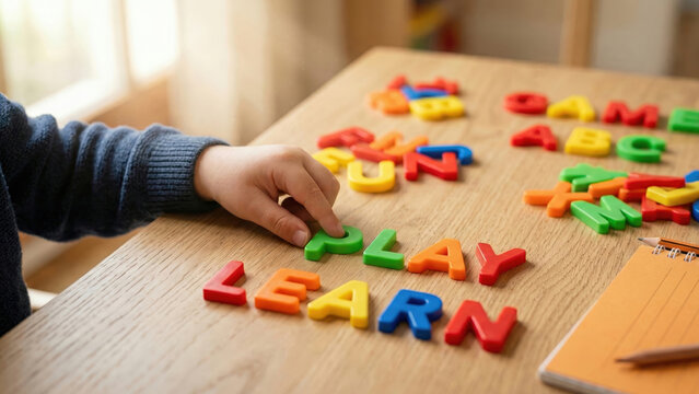 Child's hand playing with colorful alphabet letters, learning and spelling words on a wooden table.