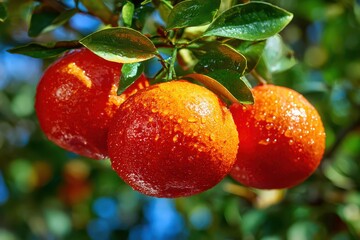 Obraz premium Close up of ripe juicy oranges covered in water droplets hanging from a green leafy branch with a blurred background of blue sky and foliage natural light illuminates the vibrant citrus fruit on a