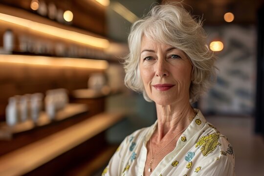 Senior woman with stylish gray hair, wearing a floral blouse, poses confidently in a modern interior with warm lighting, showcasing elegance and sophistication in a contemporary setting