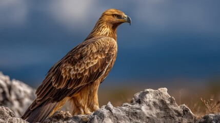 Fototapeta premium Golden eagle perched on rocky terrain with dramatic mountain background and strong copy space