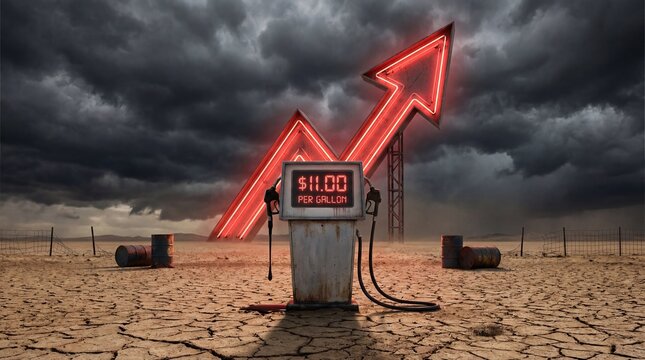 fuel crisis inflation energy scarcity desert drought prices market warning isolated pump in cracked terrain depicts extreme pressure and scarcity fears suitable for narratives on long term energy