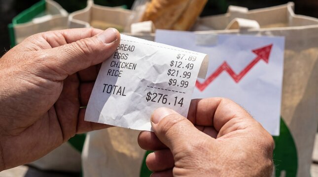 grocery receipt total inflation prices household expenses budget spending costofliving close view of hands reviewing high totals for staples and proteins illustrating how everyday purchases accumulate