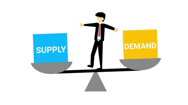 Animation businessman character balances blue supply and yellow demand boxes on a scale over white and green screen backgrounds.