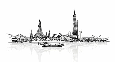 Fototapeta premium Black and white sketch of a city skyline with temples, modern buildings, and a boat