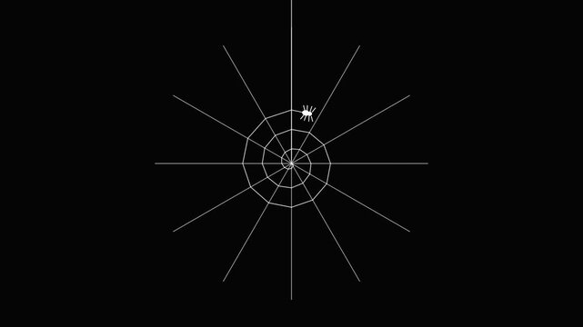 Minimalist animation of a spider weaving a white web on a black background