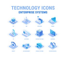 Obraz na płótnie Canvas Technology icons set for Enterprise Systems workflow diagram - ERP, CRM, HR systems, Operations, Data Management, Integration, Internal Platforms, Finance, Security - high quality isometric vector