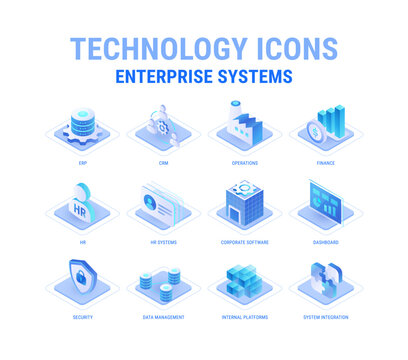 Technology icons set for Enterprise Systems workflow diagram - ERP, CRM, HR systems, Operations, Data Management, Integration, Internal Platforms, Finance, Security - high quality isometric vector