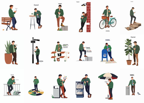 A comprehensive collection of character illustrations featuring a young man using his smartphone in various urban outdoor settings and daily life scenarios.