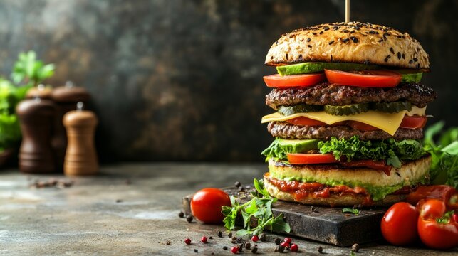 Juicy gourmet burger stacked high with fresh ingredients including lettuce, tomatoes, pickles, and cheese, presented on a rustic wooden board with a dark textured background