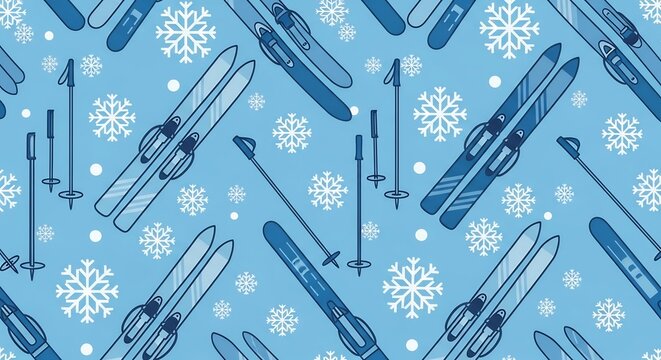 seamless pattern of winter ski equipment, ski poles, and snowflakes