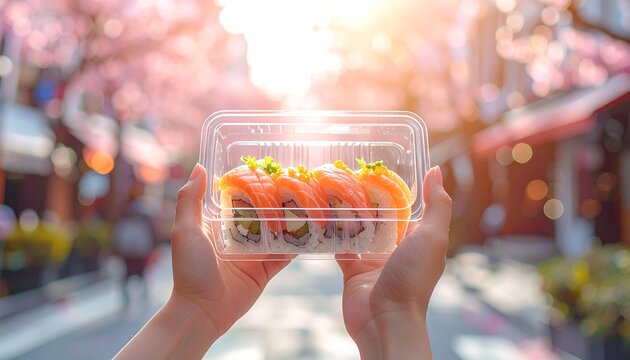 握り寿司・テイクアウトパック・手・デリバリー・持ち帰り/Hands holding sushi takeout container, delivery food packaging, Japanese food to go