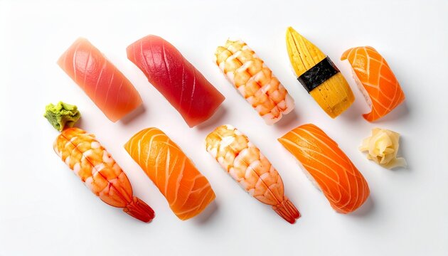 握り寿司・白背景・真俯瞰・物撮り・日本食素材/Nigiri sushi flat lay on white background, top view, fresh Japanese food stock photo