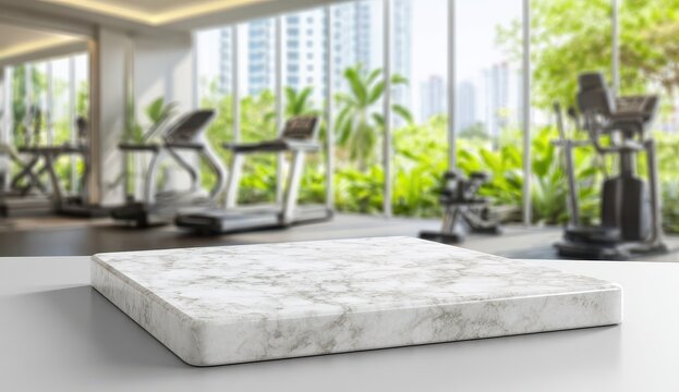 Empty White Marble Slab Product Display Stand on a Bright Morning in a Modern Gym with Treadmills and Elliptical Machines Visible Through Large Windows with Lush Greenery and City Buildings in the