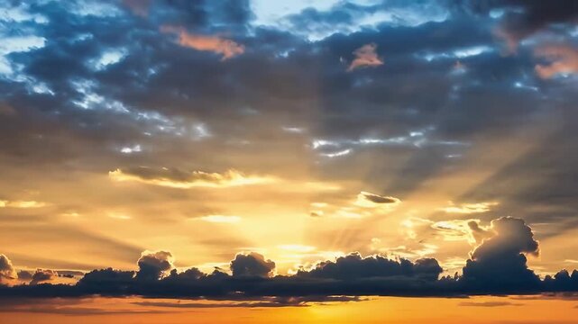 Dramatic Sunset with Radiant Sunbeams Piercing Through Dark Storm Clouds Above Horizon at Dusk for Emotional Cinematic Scene