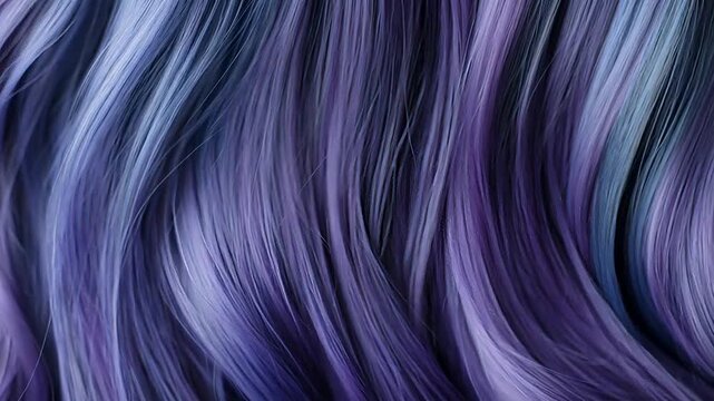 Shiny purple hair strands with blue highlights flowing in motion. Modern fashion hairstyle with smooth texture. Vibrant cosmetic salon results for beauty styling.