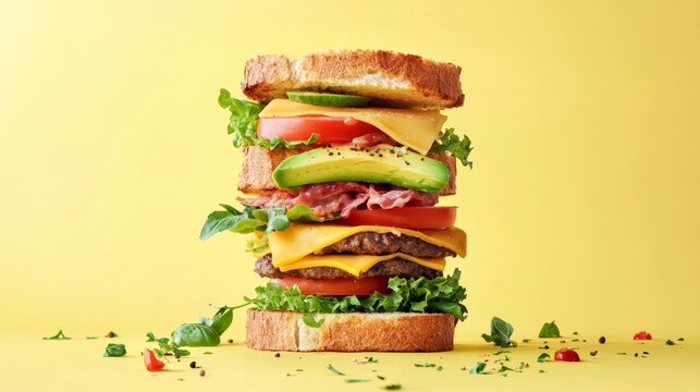 Colorful stacked sandwich featuring layers of fresh vegetables, cheese, and meat, set against a vibrant yellow background, showcasing deliciousness and culinary creativity