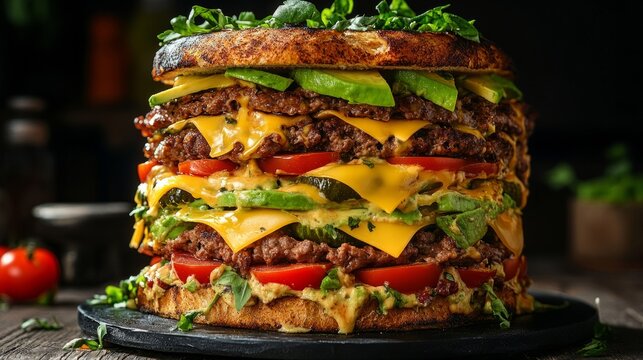 Towering gourmet burger stacked high with layers of beef patties, melted cheese, fresh vegetables, and herbs, showcasing a delicious culinary creation on a rustic wooden table