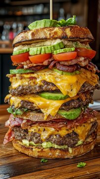 Towering gourmet burger stacked high with layers of melted cheese, crispy bacon, fresh vegetables, and toasted bread, showcasing indulgent culinary artistry and vibrant colors
