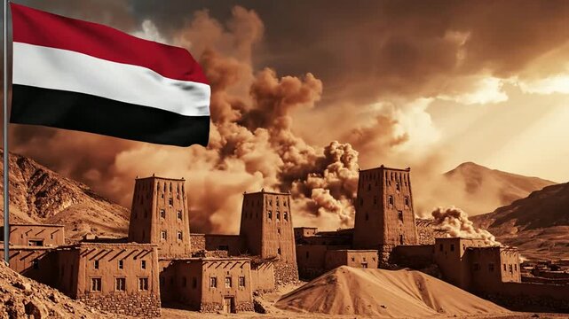 Yemeni flag waving over traditional mud brick architecture in desert landscape with dust storm and dramatic sunset sky