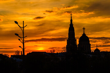 Fototapeta premium View of the Annunciation cathedral against sunset. Kharkiv, Ukraine