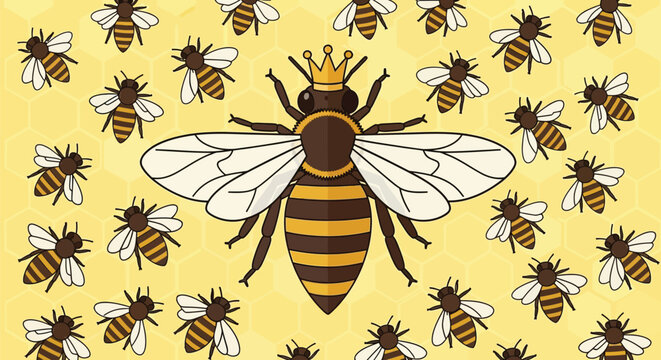 A cartoon illustration of a queen bee surrounded by worker bees on a yellow background
