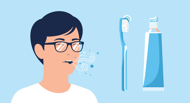 A cartoon man with bad breath standing next to a toothbrush and toothpaste
