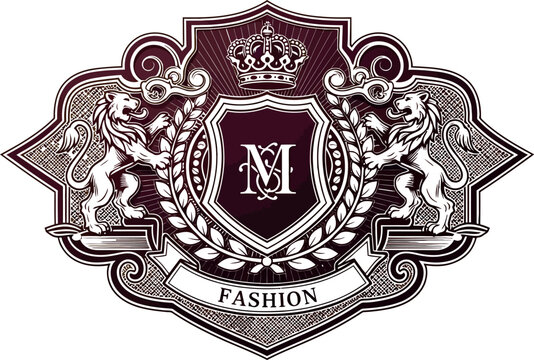 Luxurious vintage heraldic crest emblem displaying two regal golden lions supporting a central shield with intertwined initials, crowned, encircled by a laurel wreath, and a banner declaring fashion.