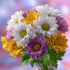 Fototapeta premium Vibrant Bouquet of Chrysanthemum Flowers in Yellow White and Purple Hues with Green Leaves Soft Bokeh Background Studio Lighting