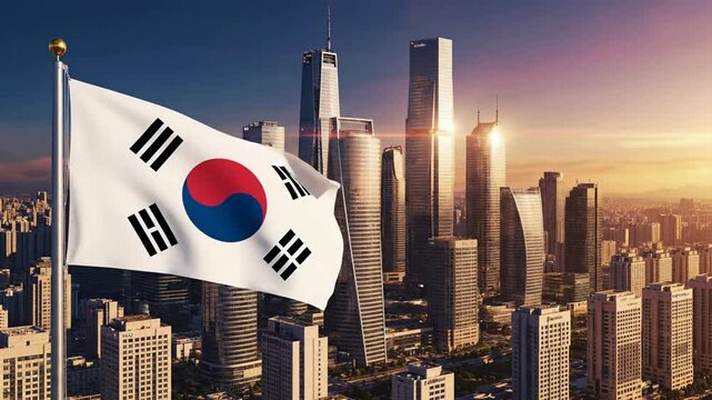 South korea flag waving against modern seoul city skyline at sunset cinematic urban business and travel background