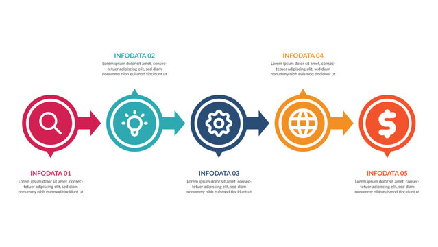 5 Steps Business Process Infographic Diagram with Icons and Horizontal Arrows