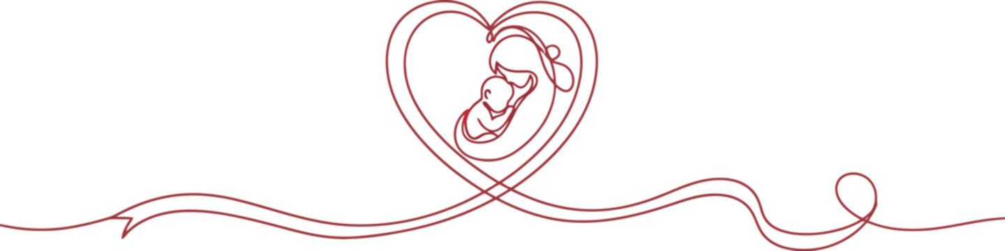 Continuous one-line drawing illustrating a tender maternal embrace of a newborn baby nestled within a loving heart shape, symbolizing unconditional love, care, and family bonding.