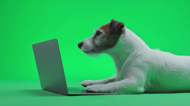 Jack Russell Terrier Dog Working on Laptop with Green Screen