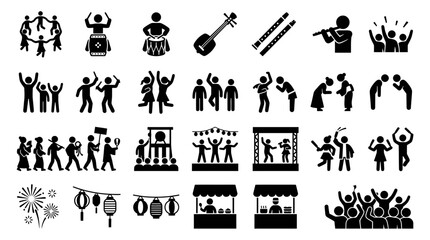 Obraz premium The set includes silhouette and icon images of people celebrating at a festival with music and food.