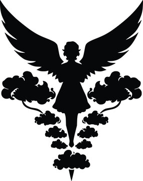 Elegant silhouette of an angelic figure with outspread wings and cloud formations beneath