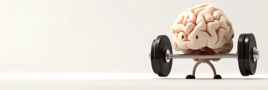 Creative 3D illustration of a brain lifting a barbell, symbolizing mental strength and fitness, set against a minimalistic background with ample copy space for design purposes