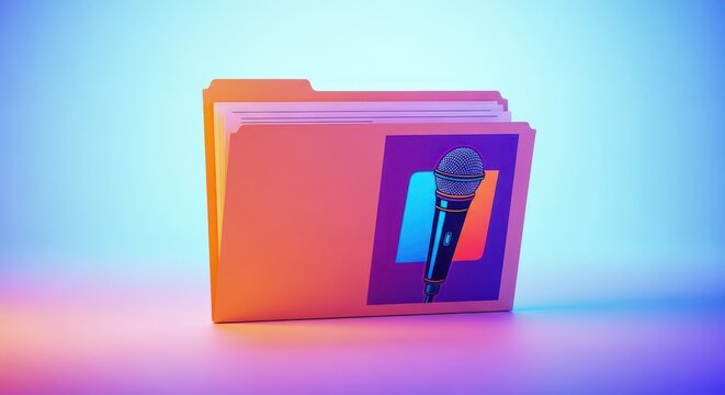 Conceptual image showing a standard file folder displaying a graphic representation of a microphone for audio documentation and production, instrument, vocal, presentation