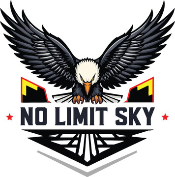Powerful eagle emblem with the slogan no limit sky and dynamic wings spread wide