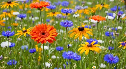Obraz premium A vibrant meadow showcasing a colorful array of blooming wildflowers in full summer glory