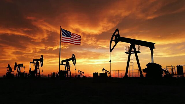 Oil pumpjacks operating at sunset with american flag waving in the wind, usa energy industry and petroleum production concept