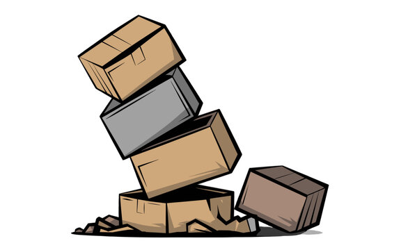 A stack of boxes in the process of tipping over.